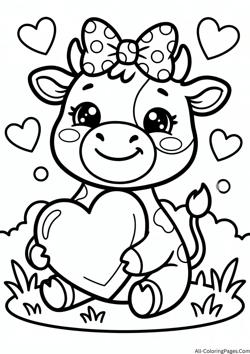 Cow with a polka dot bow on her head hugging a heart among hearts and grass