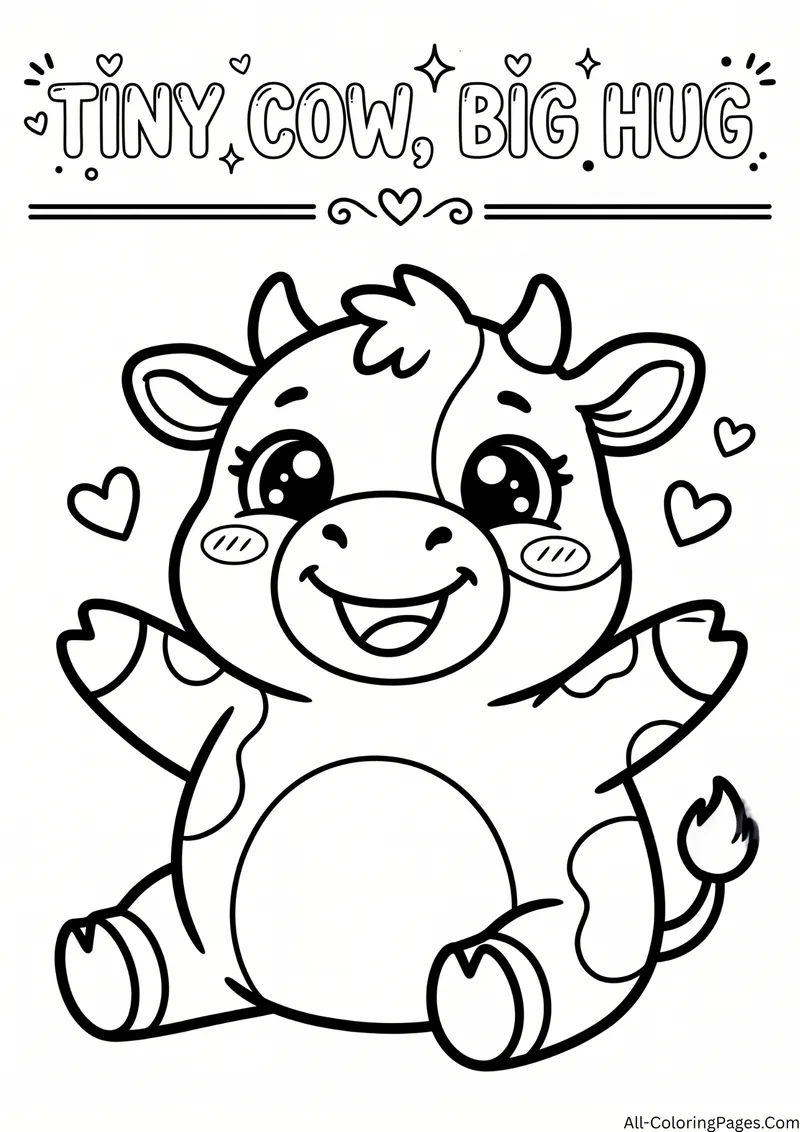 Small smiling cow sitting with arms wide open and hearts around it, with the title Tiny Cow Big Hug