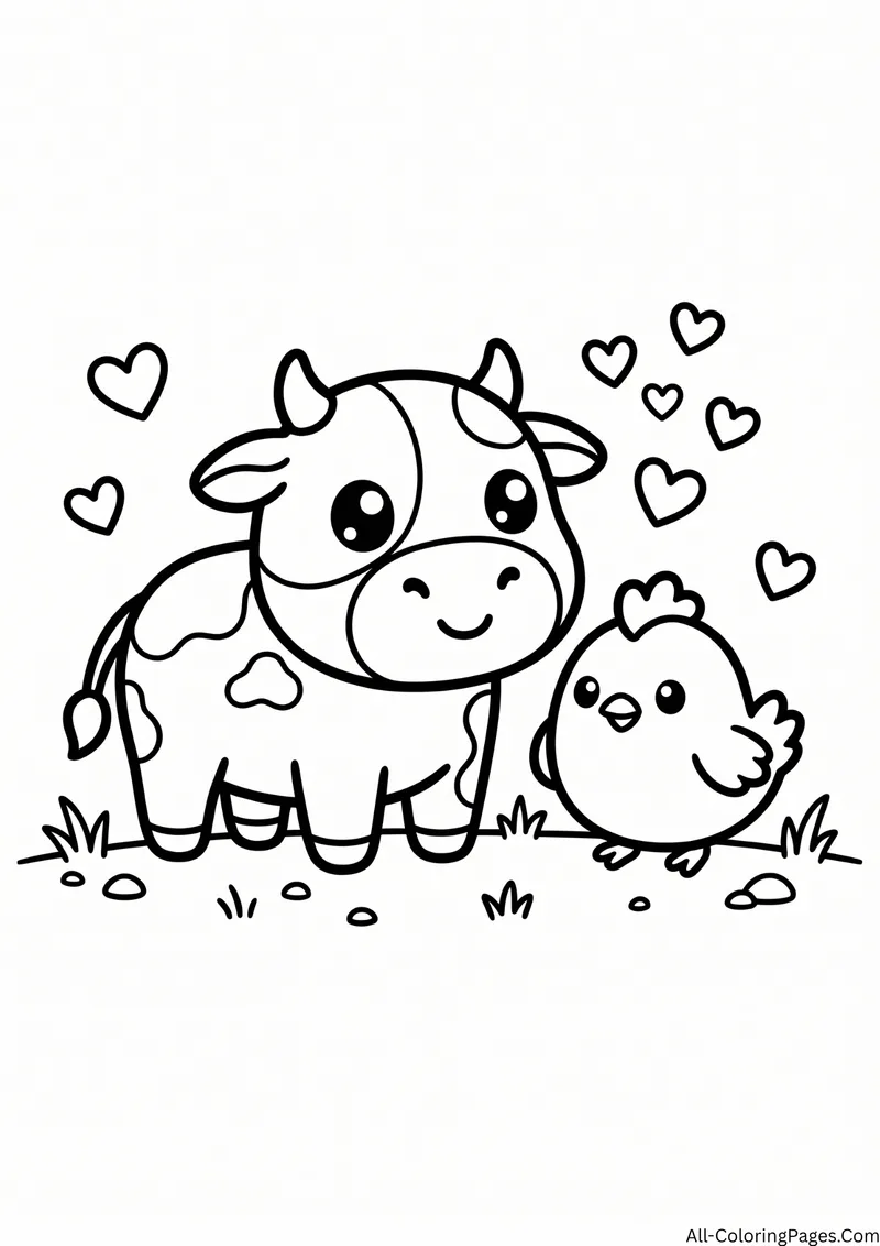 Cow standing next to a small chicken on the grass with hearts