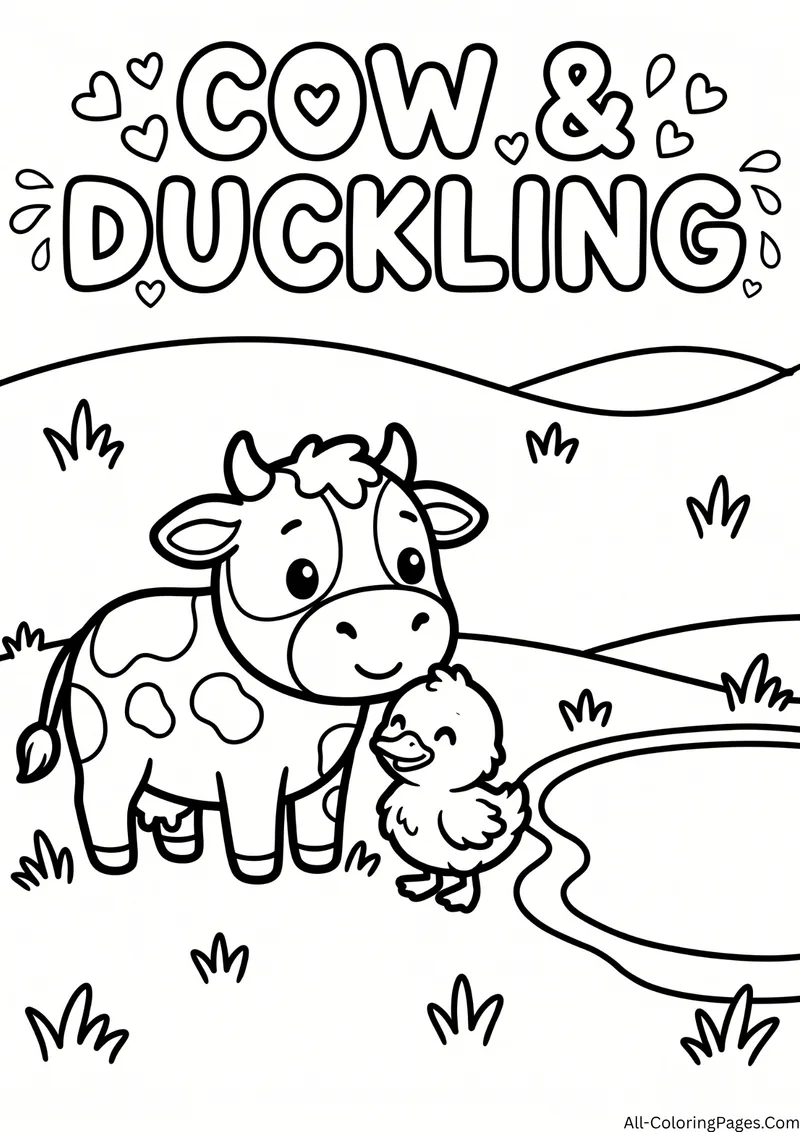 Cow nuzzling a duckling beside a pond with grass and hills, with the title Cow and Duckling