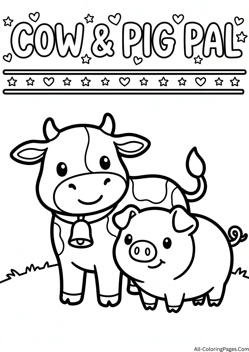 Cow wearing a bell standing beside a smiling pig on the grass, with the title Cow and Pig Pal
