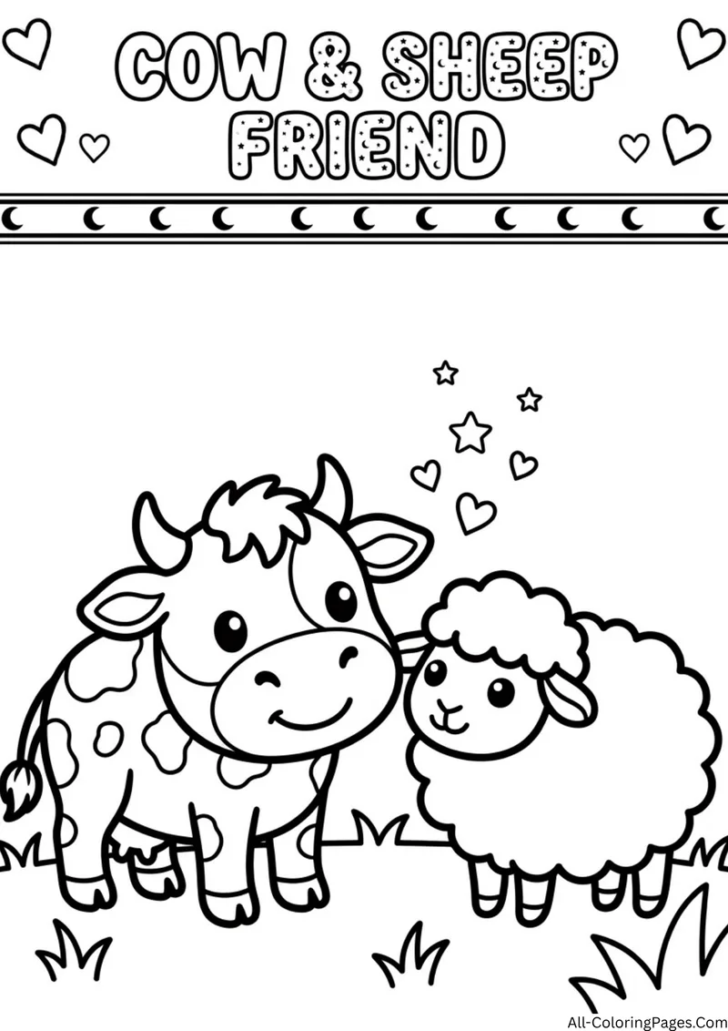 Cow and a fluffy sheep standing close together with stars and hearts, with the title Cow and Sheep Friend
